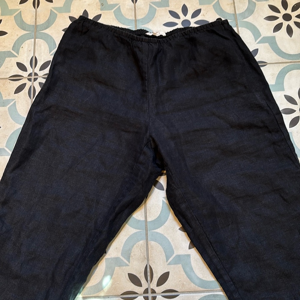 EILEEN FISHER S Black 100% Linen Pocketless Pants Slit Cuff